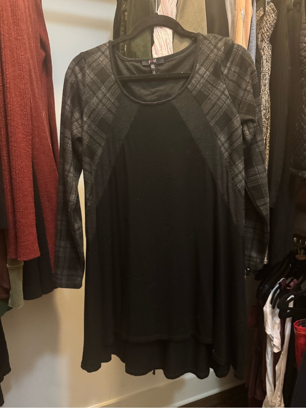 Black Plaid-Sleeve Long Sleeve Scoop-Neck Dress